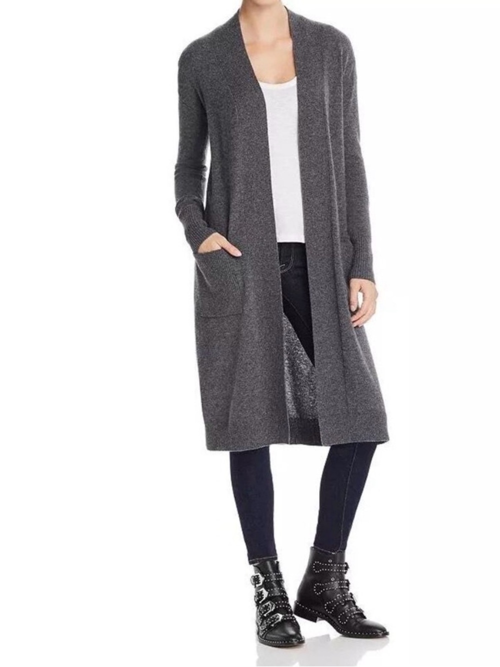 Aqua Long Cashmere Open-Front Cardigan Sweater - Charcoal Gray